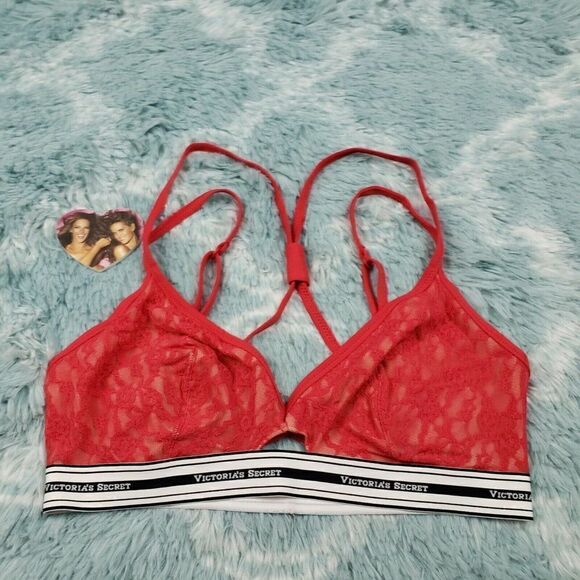 Victoria's Secret Women's Red The Lace Logo Unlined Bralette Bra Large - Picture 1 of 5